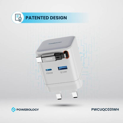 Powerology Dual Port Retractable Type - C Cable GaN Charger, 3 Output 65W - White