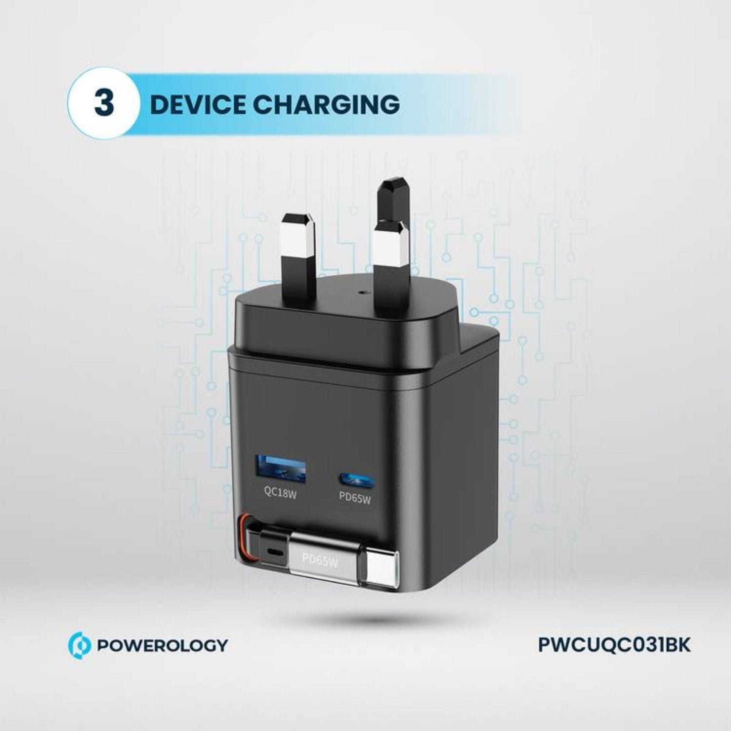 Powerology Dual Port Retractable Type - C Cable GaN Charger, 3 Output 65W - White