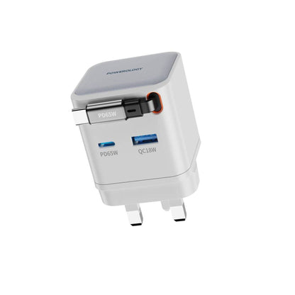 Powerology Dual Port Retractable Type - C Cable GaN Charger, 3 Output 65W - White