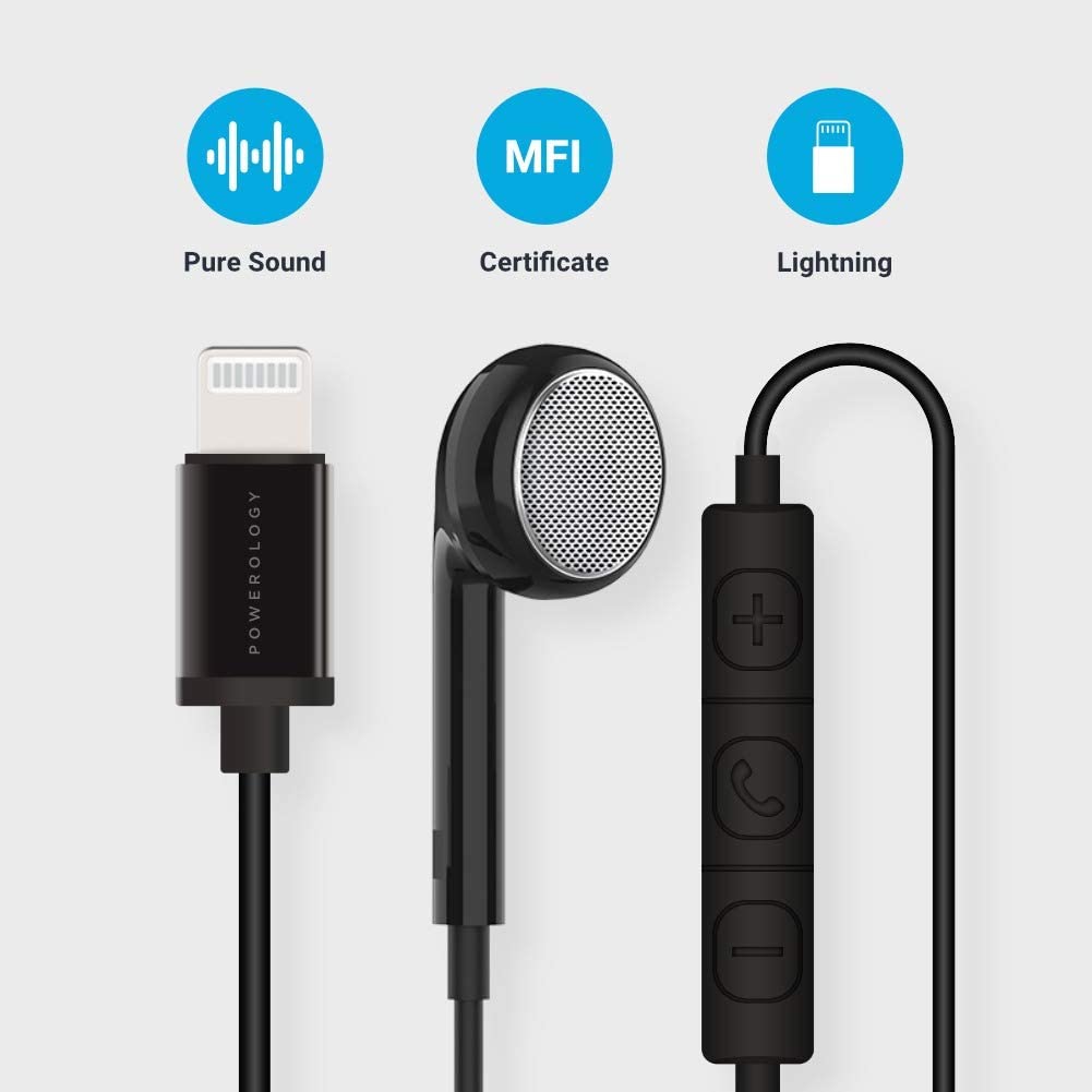 Powerology Single Mono Earphone with MFi Lightning Connector ( Updated Version ) - Black