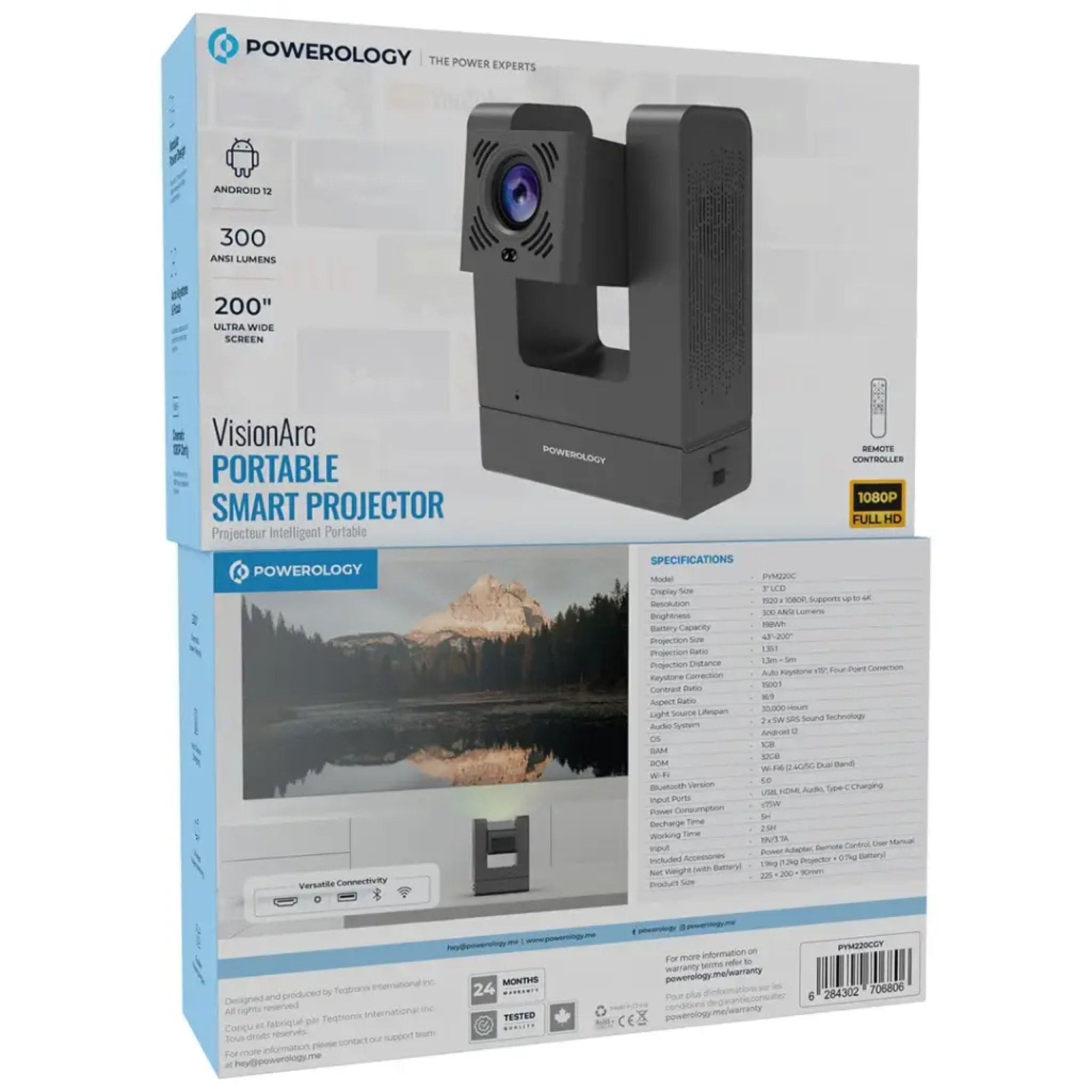 Powerology VisionArc Portable Smart Projector - Gray ( 1 Year Plan )