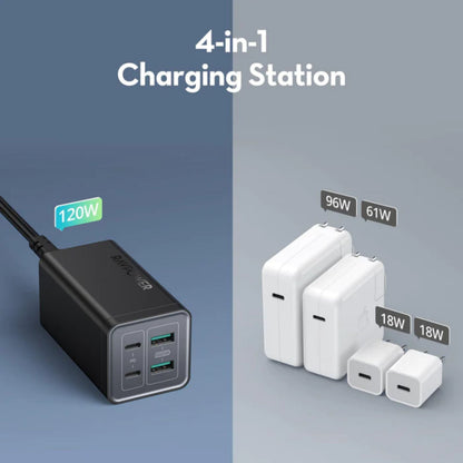 RAVPower 120W 4-Port Desktop Charger With 100W USB C to USB C Cable - Black