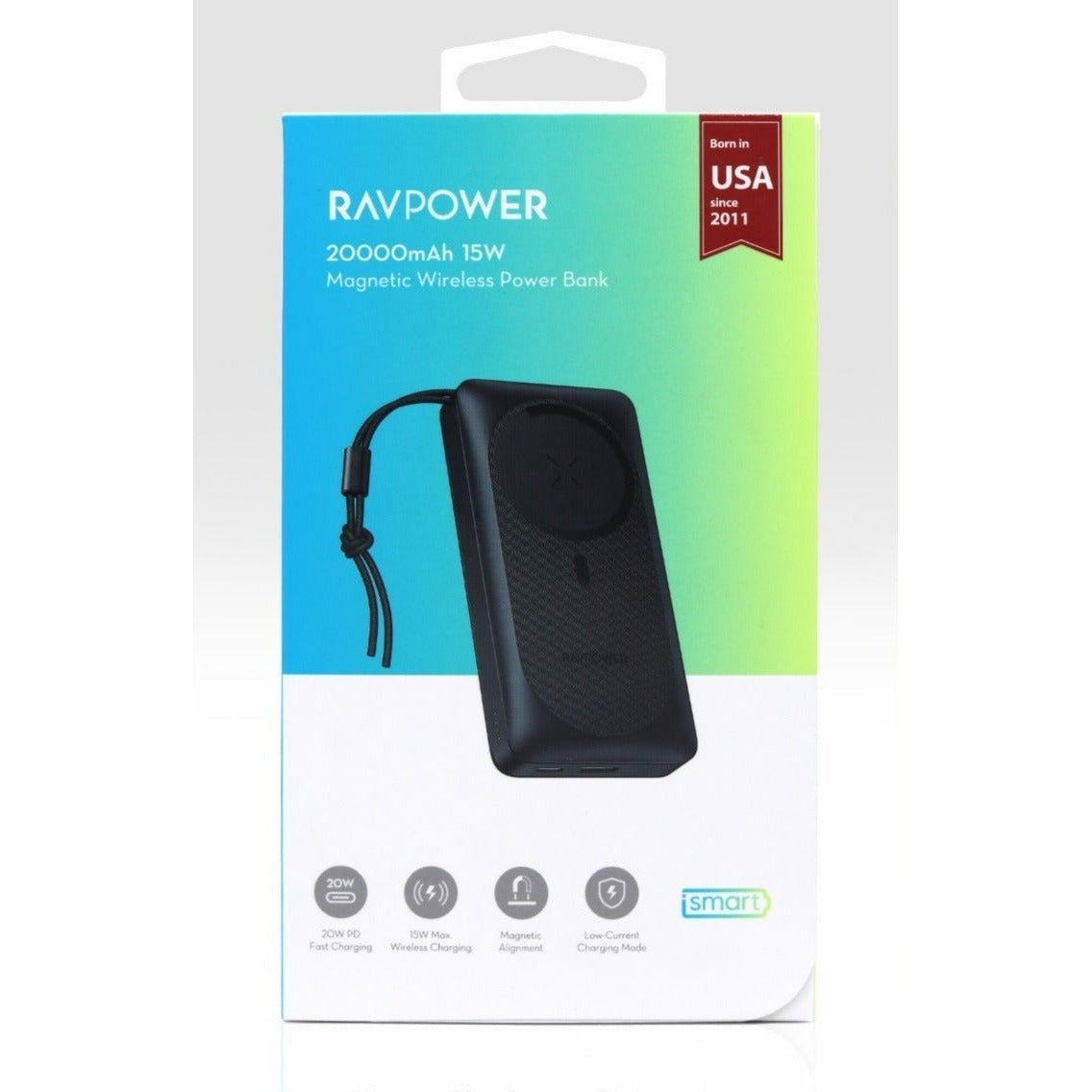 RAVPower 20000 mAh Battery with Type-C port and USB port with magnet for wireless charging - Black