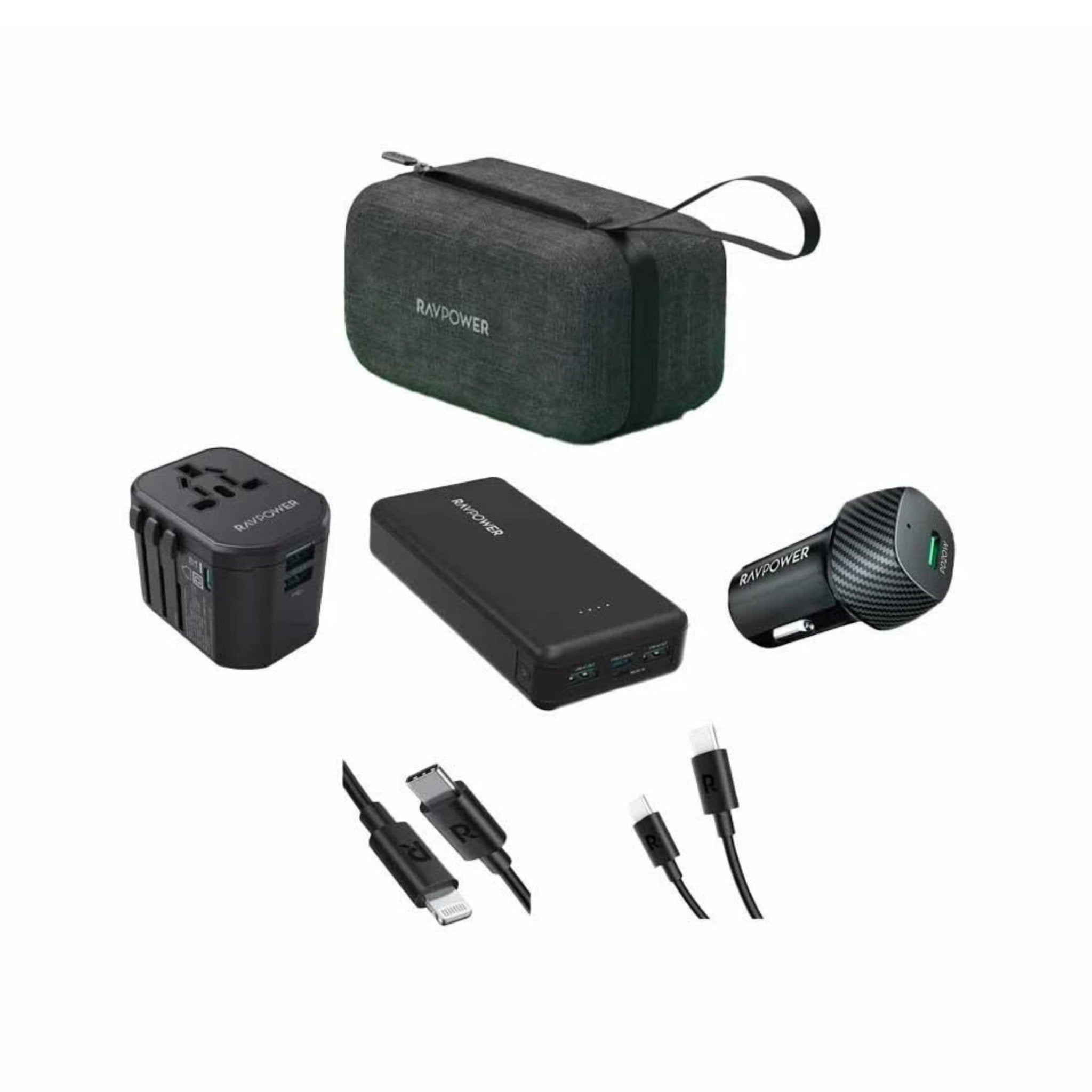 RAVPower 20000mAh Battery Pack + Travel Plug + Car Charger + Type-C to Lightning Cable + Type-C to Type-C Cable + Handbag - Black