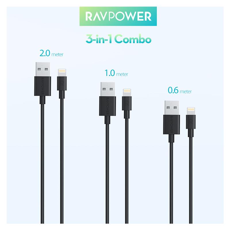 RAVPower 3-Pack USB Cable with Lightning Connector ( 0.6m / 1m / 2m ) - Black