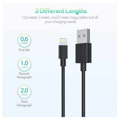 RAVPower 3-Pack USB Cable with Lightning Connector ( 0.6m / 1m / 2m ) - Black