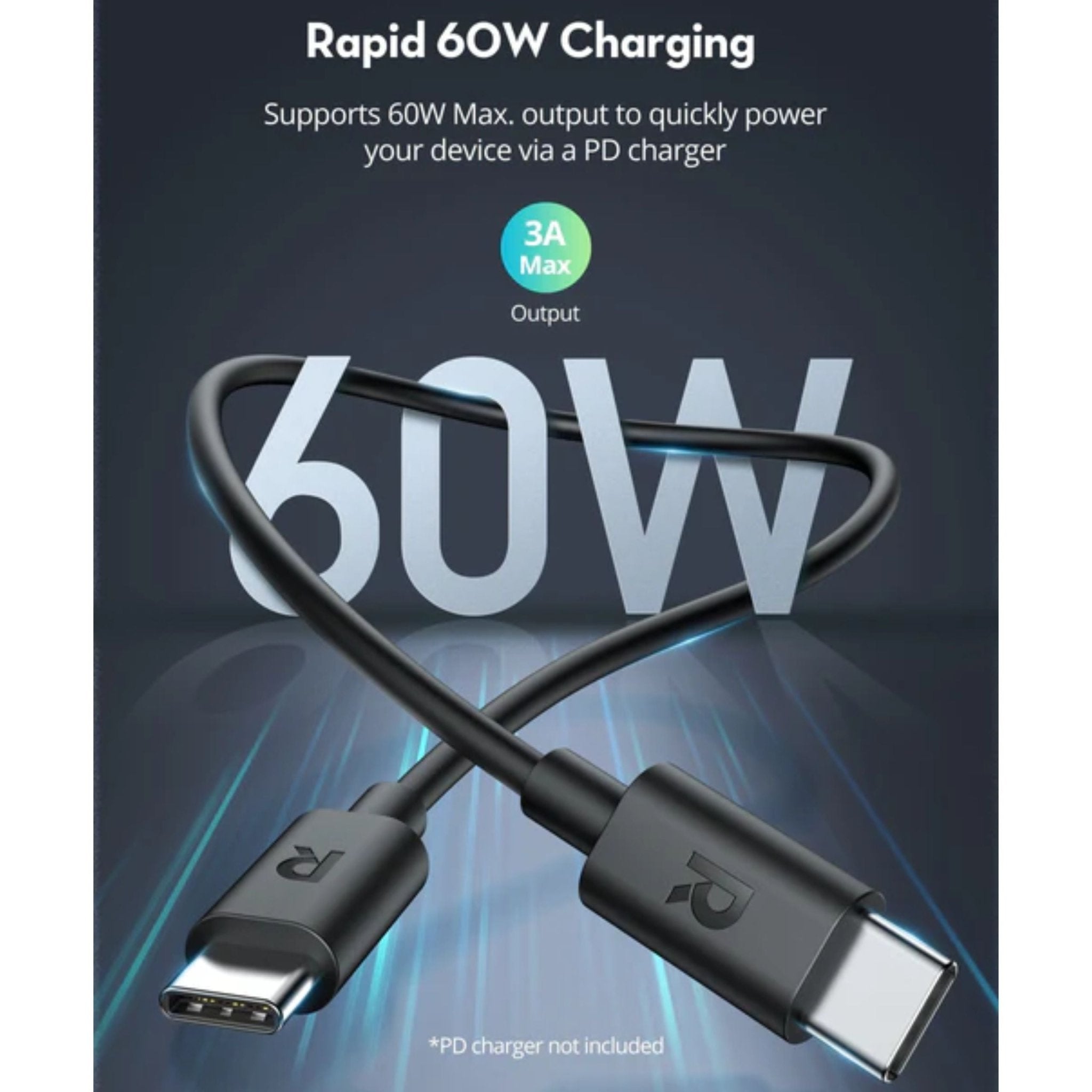 RAVPower 3 in 1 Combo (20,000 battery +60W Type-C to Type-C cable + 20W wall plug) - Black