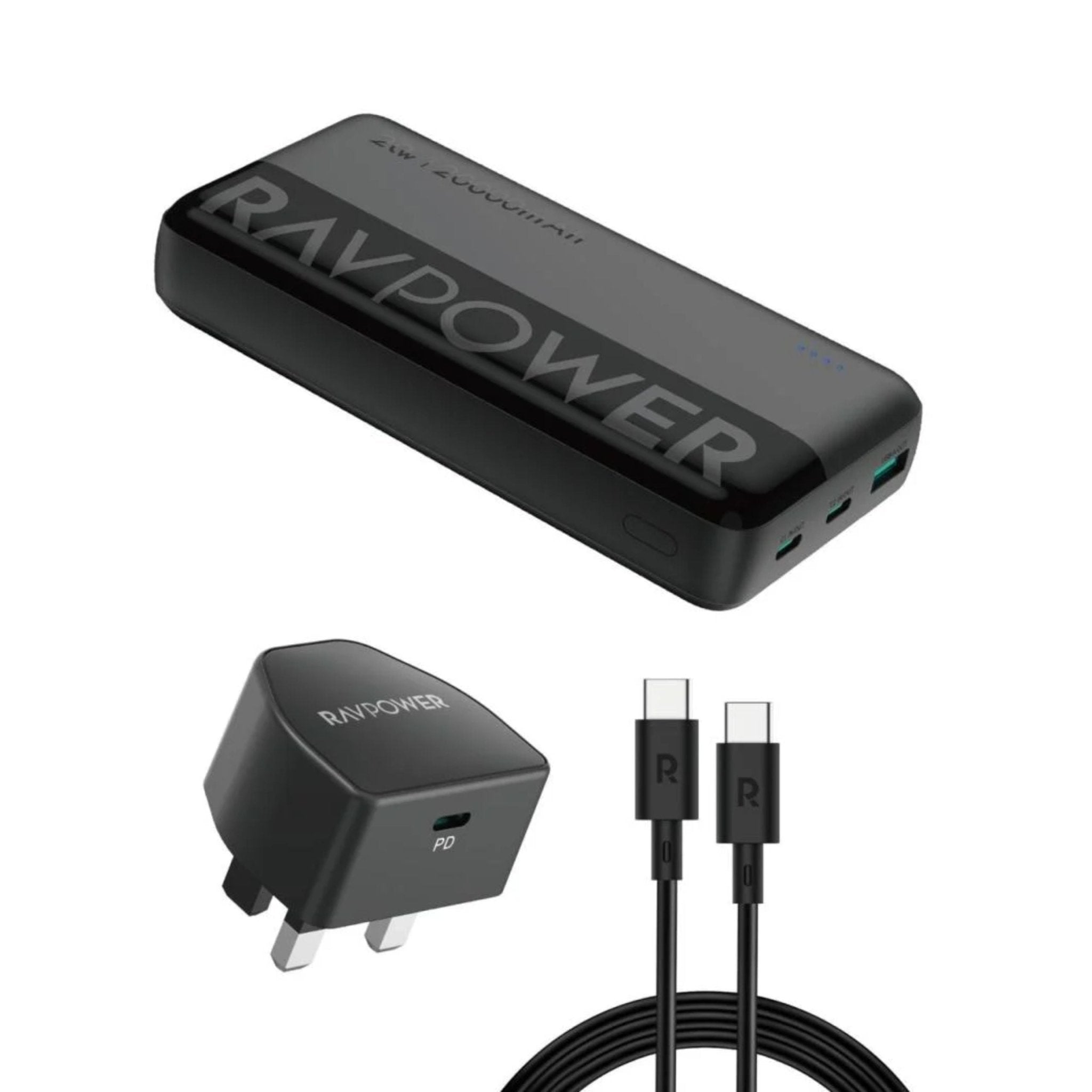 RAVPower 3 in 1 Combo (20,000 battery +60W Type-C to Type-C cable + 20W wall plug) - Black