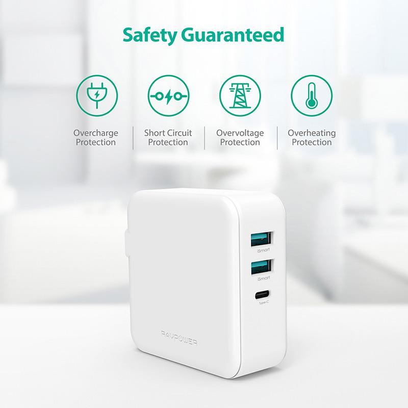 RAVPower 3-port USB PD Wall Charger 65W+QC3.0 UK - White