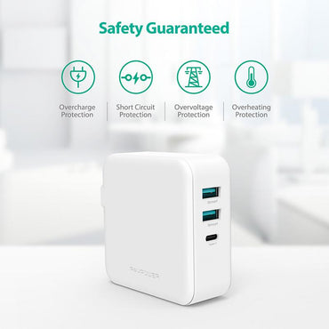 RAVPower 3-port USB PD Wall Charger 65W+QC3.0 UK - White