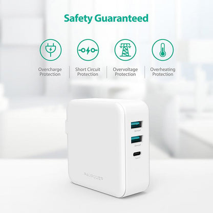 RAVPower 3-port USB PD Wall Charger 65W+QC3.0 UK - White