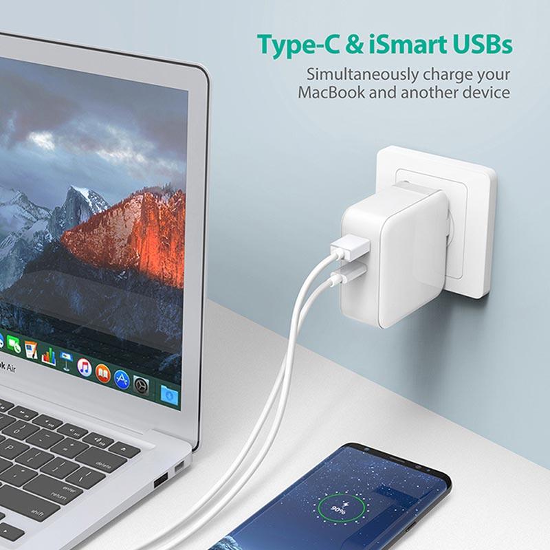 RAVPower 3-port USB PD Wall Charger 65W+QC3.0 UK - White