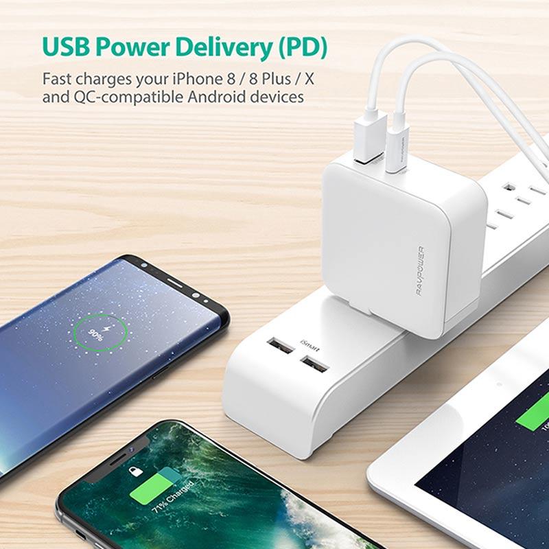 RAVPower 3-port USB PD Wall Charger 65W+QC3.0 UK - White