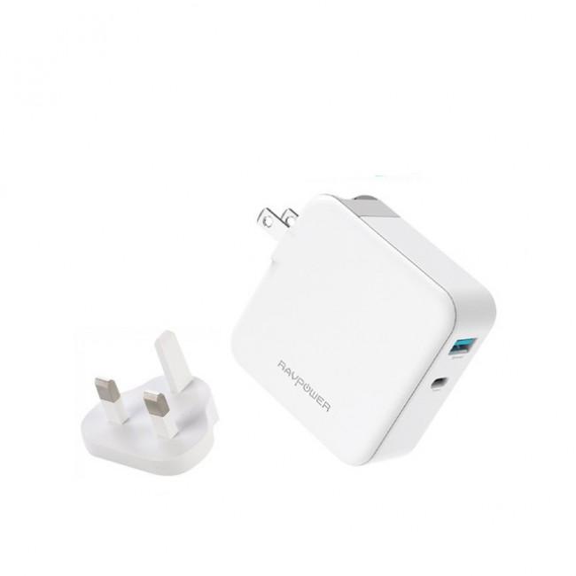 RAVPower 3-port USB PD Wall Charger 65W+QC3.0 UK - White
