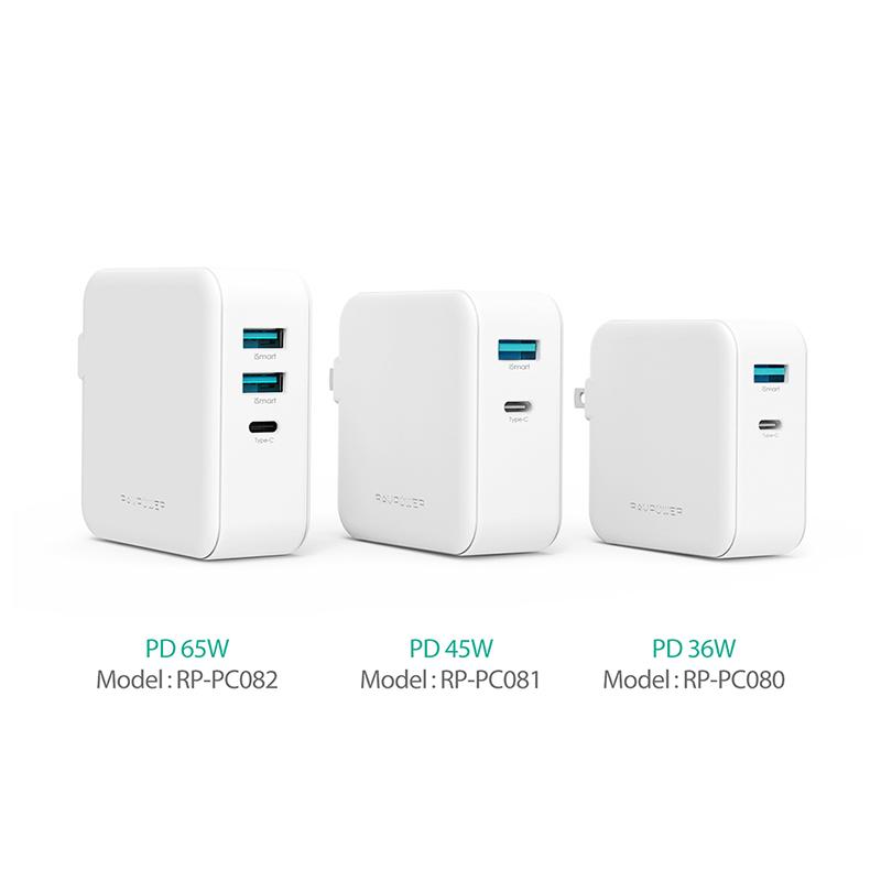 RAVPower 3-port USB PD Wall Charger 65W+QC3.0 UK - White