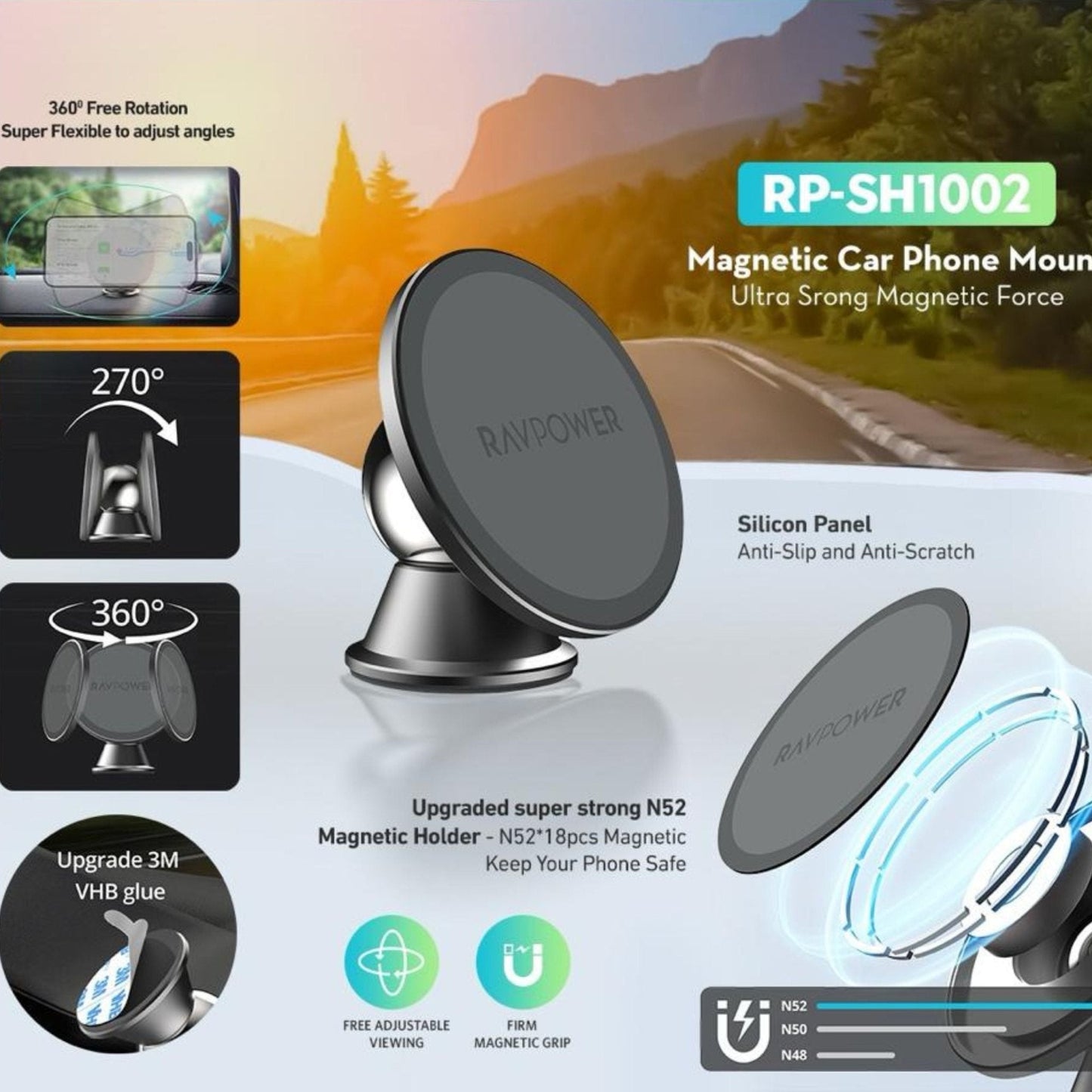 RAVPower 360 Magnetic Car Phone Mount - Black