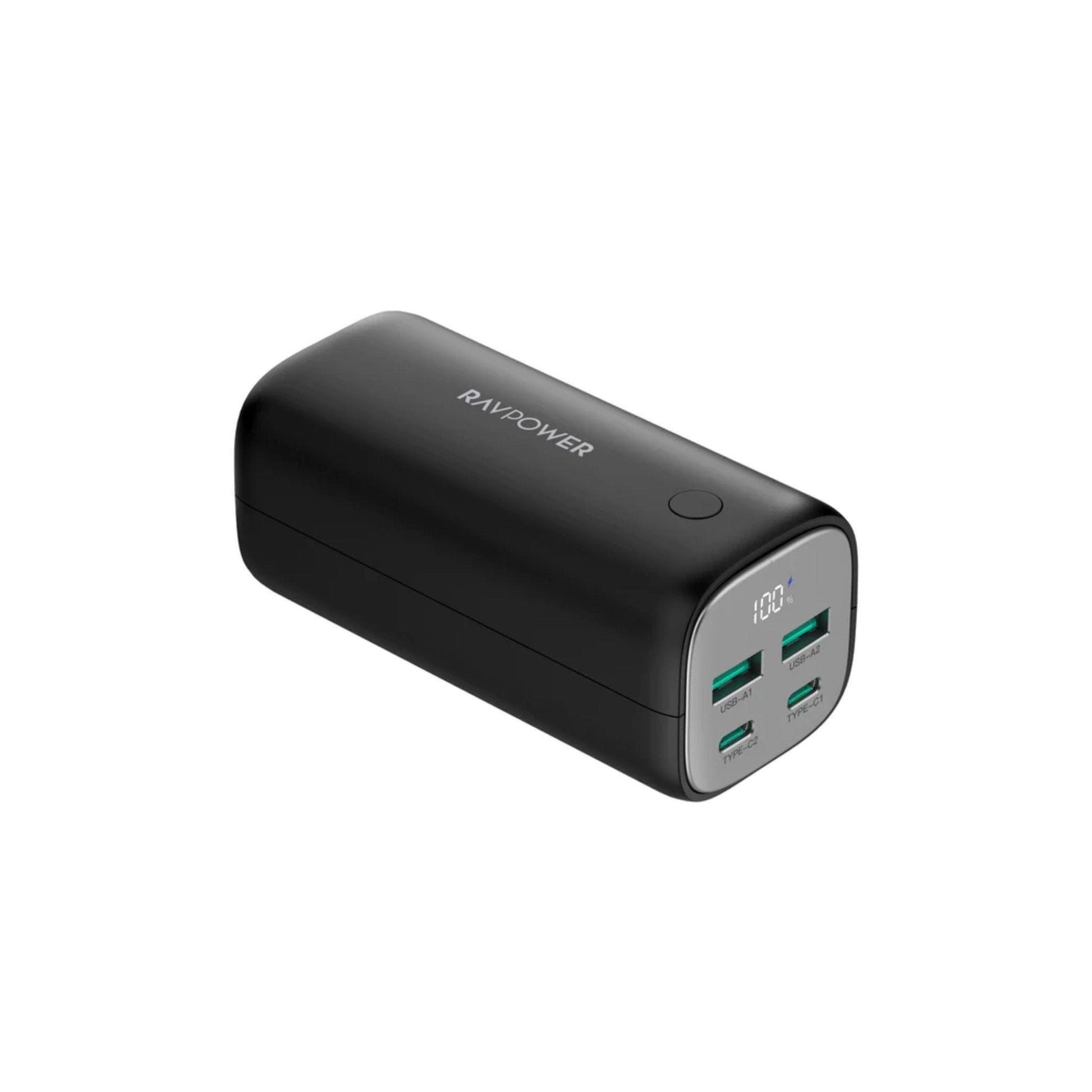 RAVPower 70W Power Bank, 20,000 mAh, 2 Type-C ports and 2 USB-A ports - Black