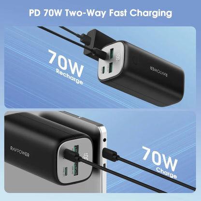 RAVPower 70W Power Bank, 20,000 mAh, 2 Type-C ports and 2 USB-A ports - Black
