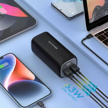 RAVPower 70W Power Bank, 20,000 mAh, 2 Type-C ports and 2 USB-A ports - Black