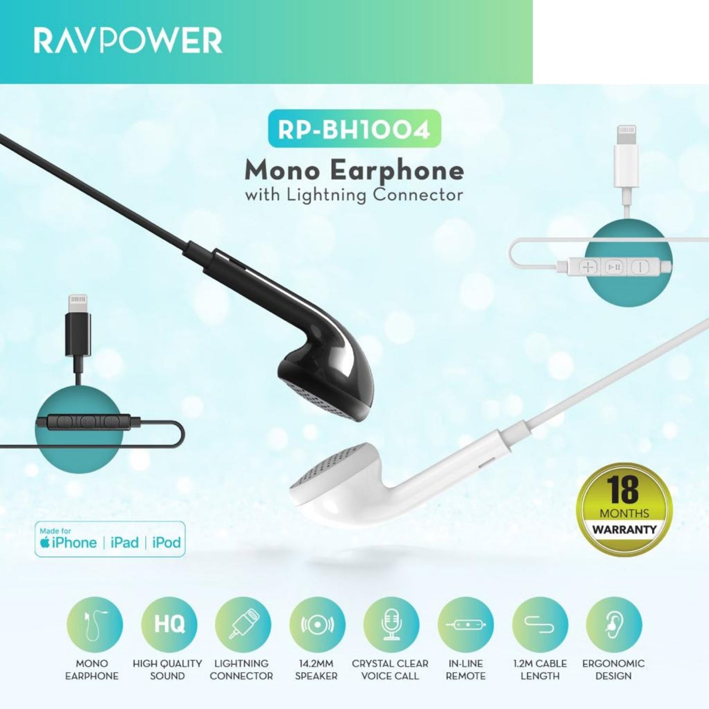 RAVPower Mono Earphone With Lightning Connector RP-BH1004