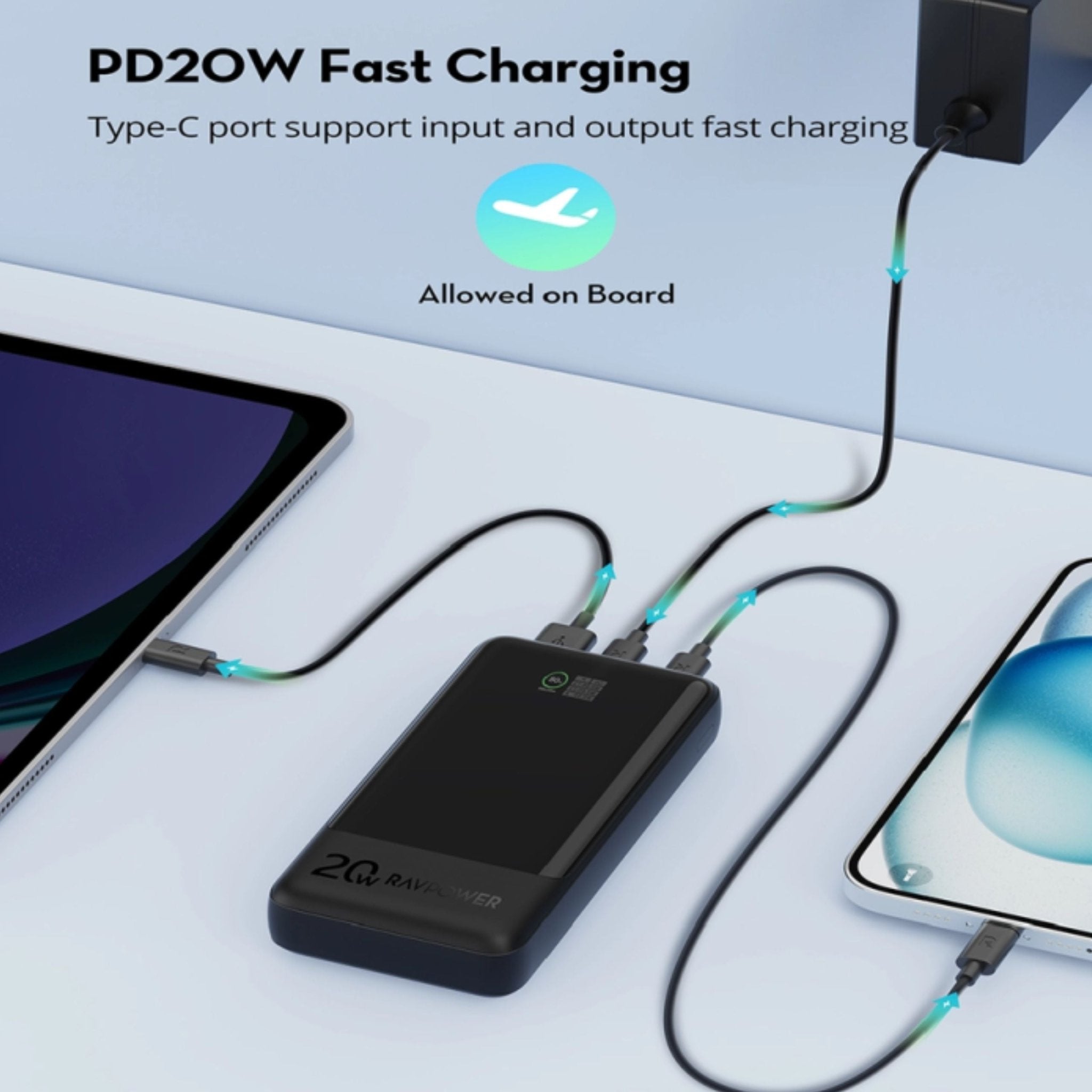 RAVPower PD Pioneer 20000mAh 20W 3-Port Smart Digital Display Power Bank - Black