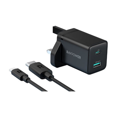 RAVPower Wall Charger 20W, Type-C and USB port + Type-C to Lightning 1M Cable
