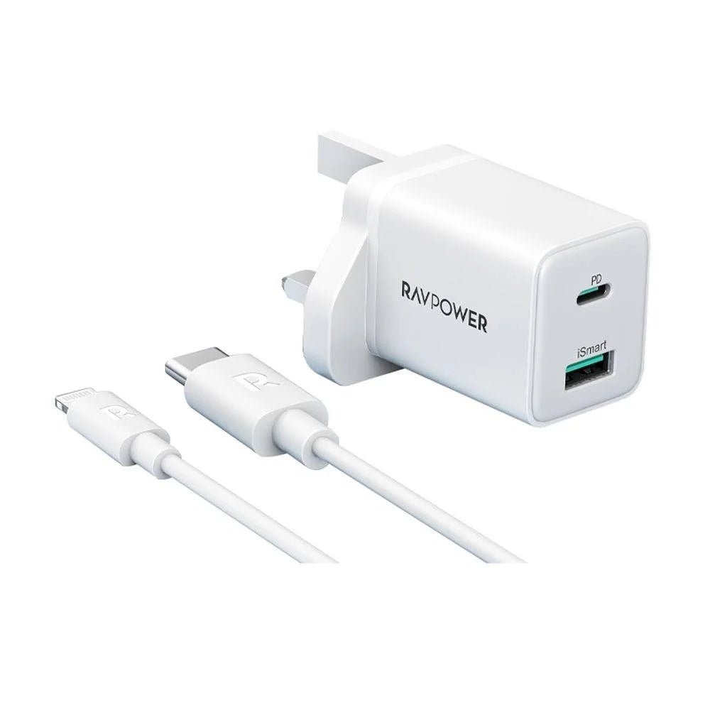 RAVPower Wall Charger 20W, Type-C and USB port + Type-C to Lightning 1M Cable