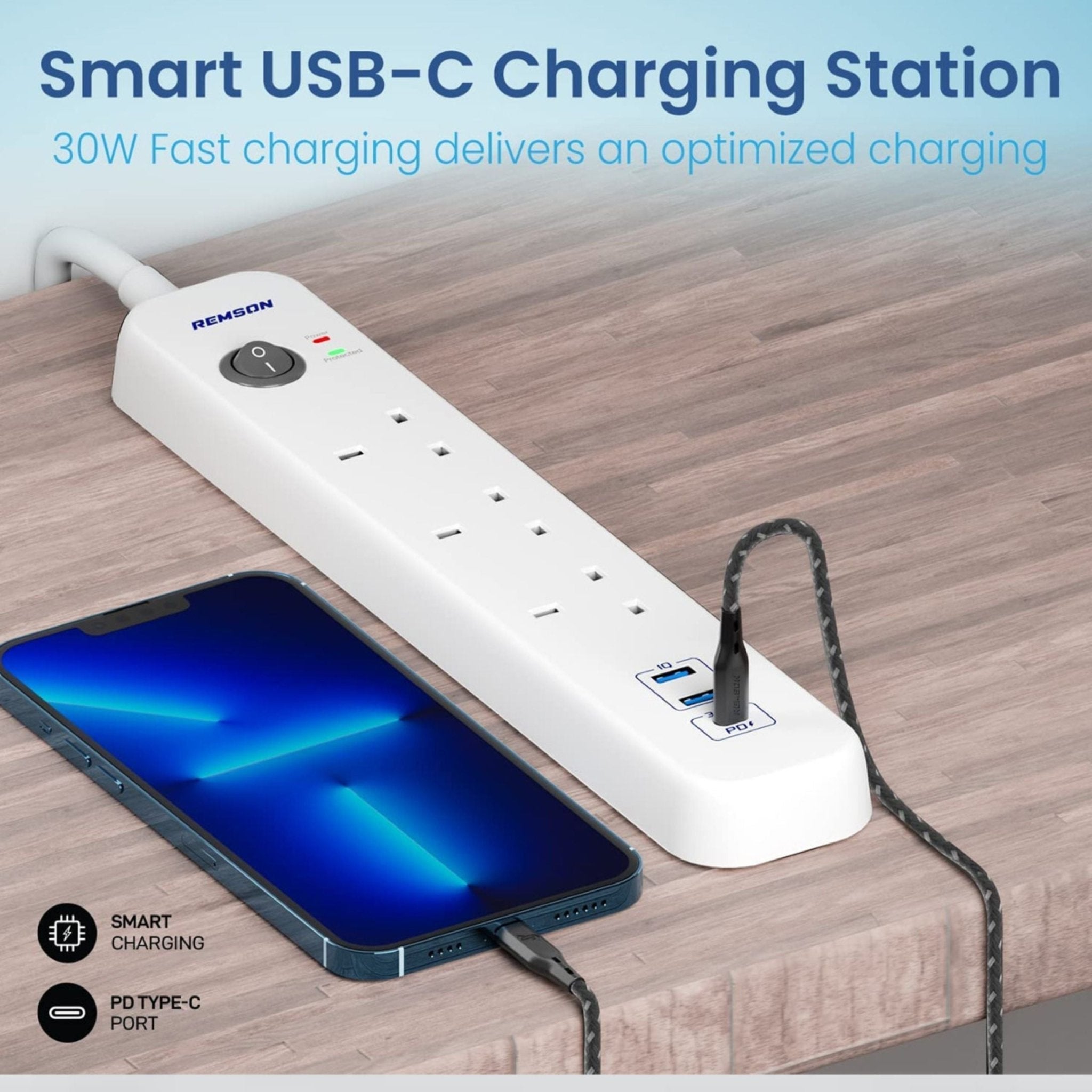 REMSON Surge Protector 2 USB 1 Type-C 3 AC Power Strip 3m Cable - White