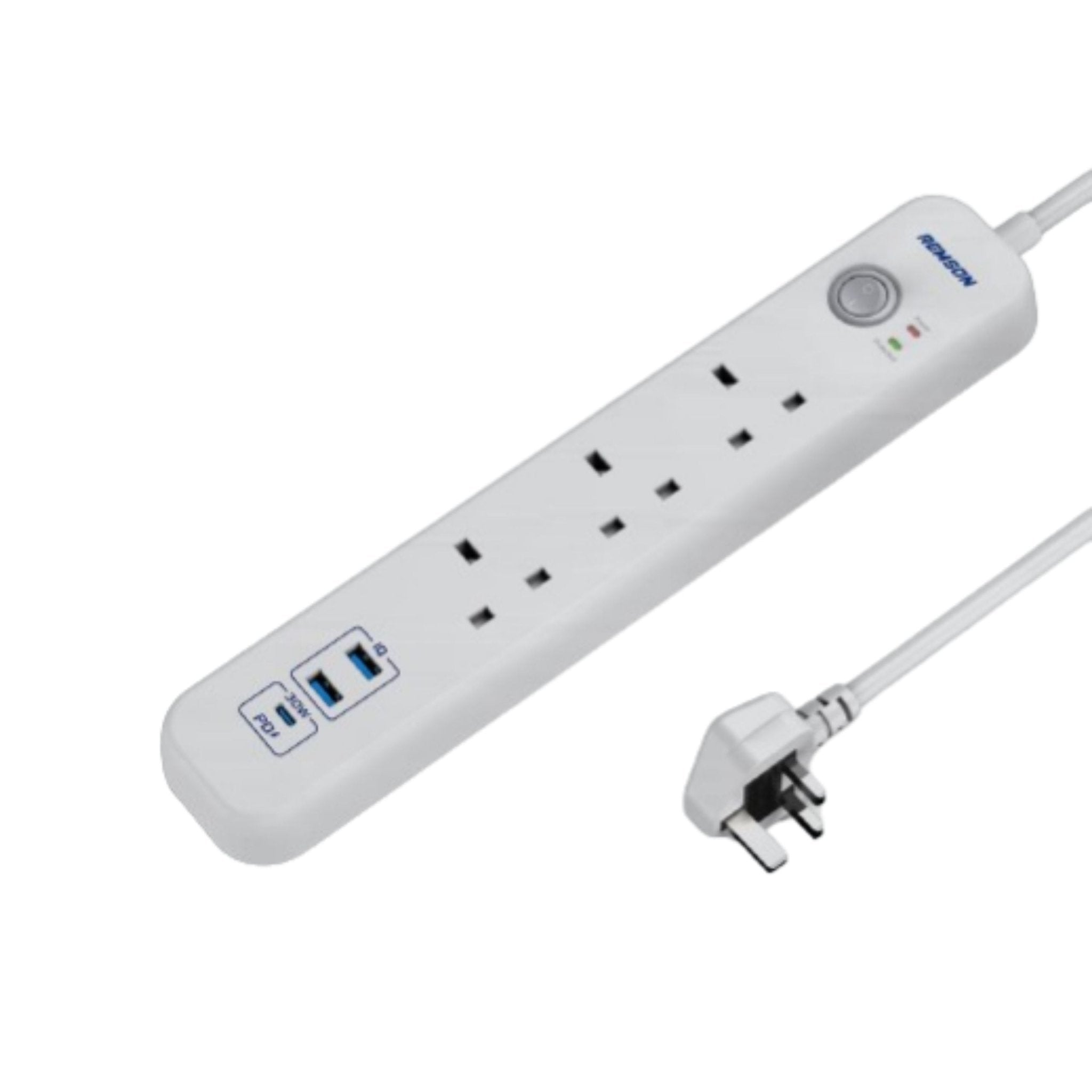 REMSON Surge Protector 2 USB 1 Type-C 3 AC Power Strip 3m Cable - White