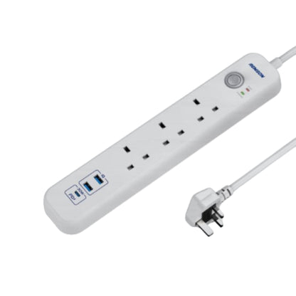 REMSON Surge Protector 2 USB 1 Type-C 3 AC Power Strip 3m Cable - White