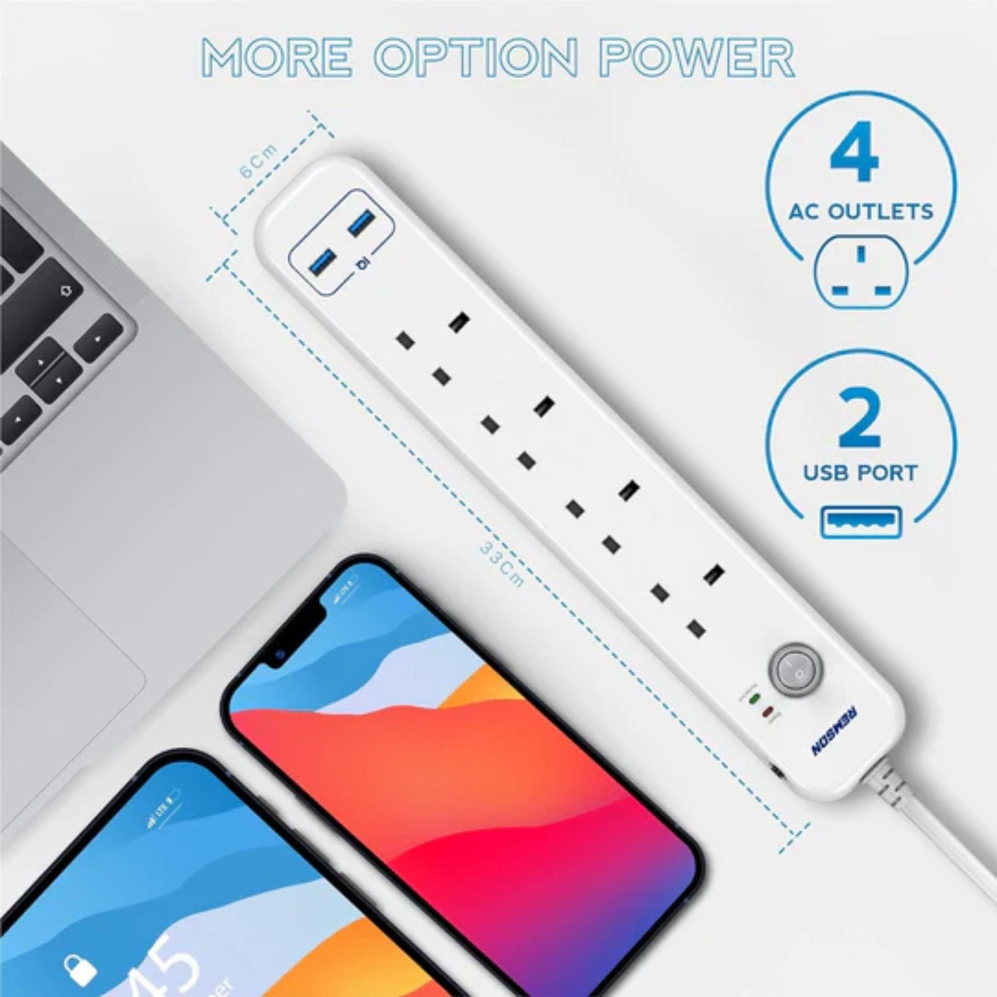 REMSON Surge Protector 2 USB 4 AC Power Strip 3m Cable - White