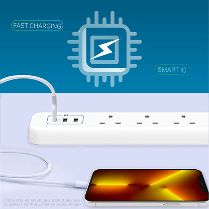 REMSON Surge Protector 3 USB 3 AC Power Strip 3m Cable - White