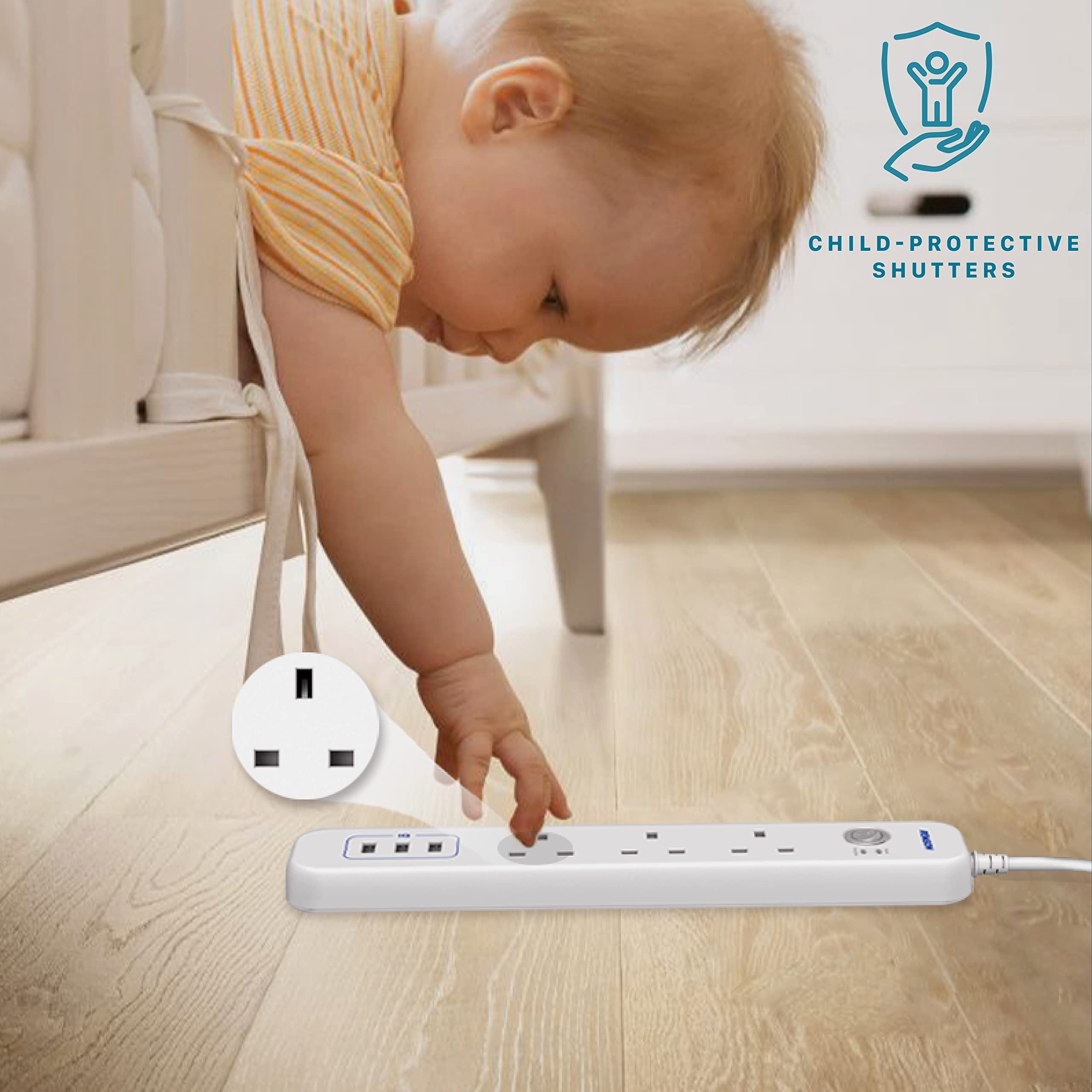 REMSON Surge Protector 3 USB 3 AC Power Strip 3m Cable - White