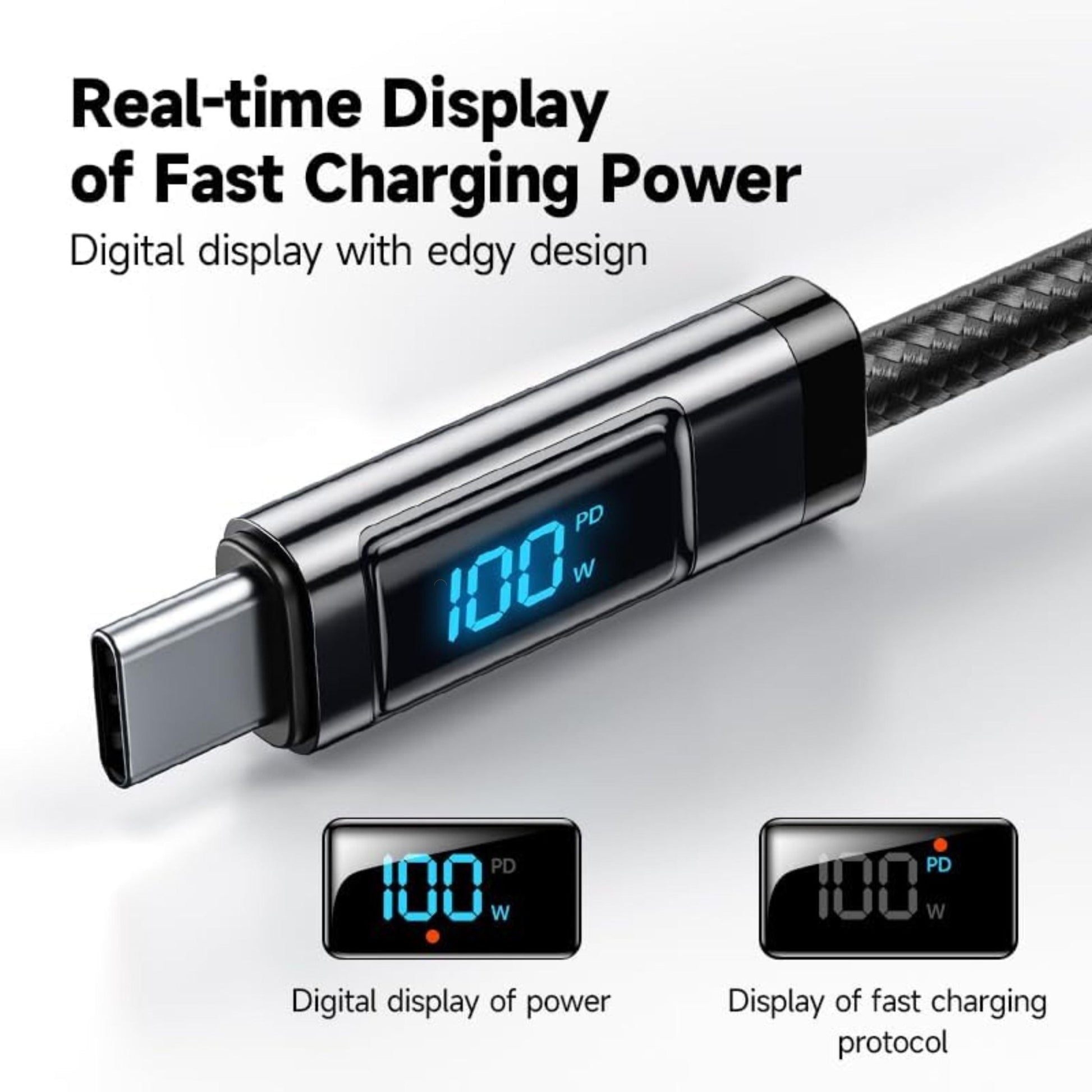 ROMOSS CB323S USB-C to USB-C Digital Display Fast Charging Nylon Braided Cable 1M (100W) - Black