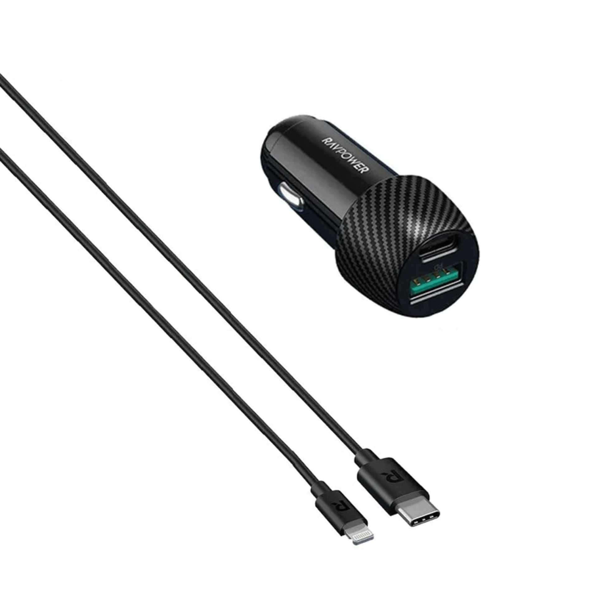 RavPower 49W 2 Port Car Charger+USB C to Lightning Cable 1m Combo - Black