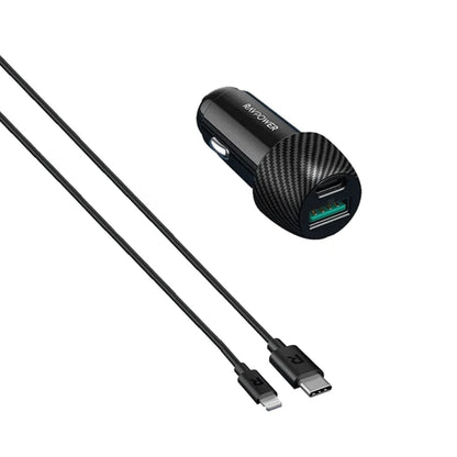 RavPower 49W 2 Port Car Charger+USB C to Lightning Cable 1m Combo - Black