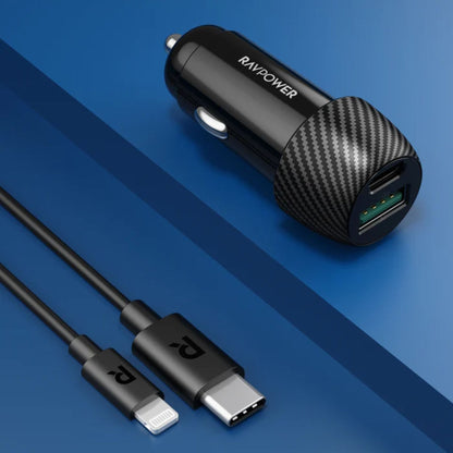 RavPower 49W 2 Port Car Charger+USB C to Lightning Cable 1m Combo - Black