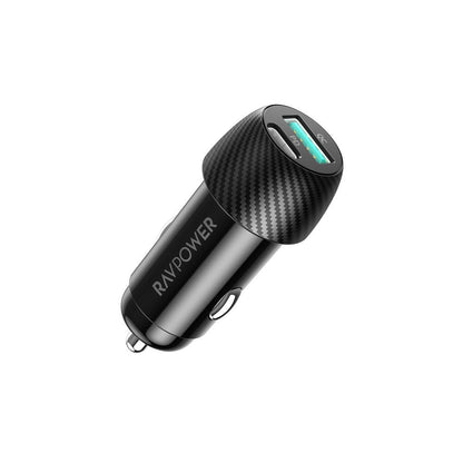 RavPower 49W 2 Port Car Charger+USB C to Lightning Cable 1m Combo - Black