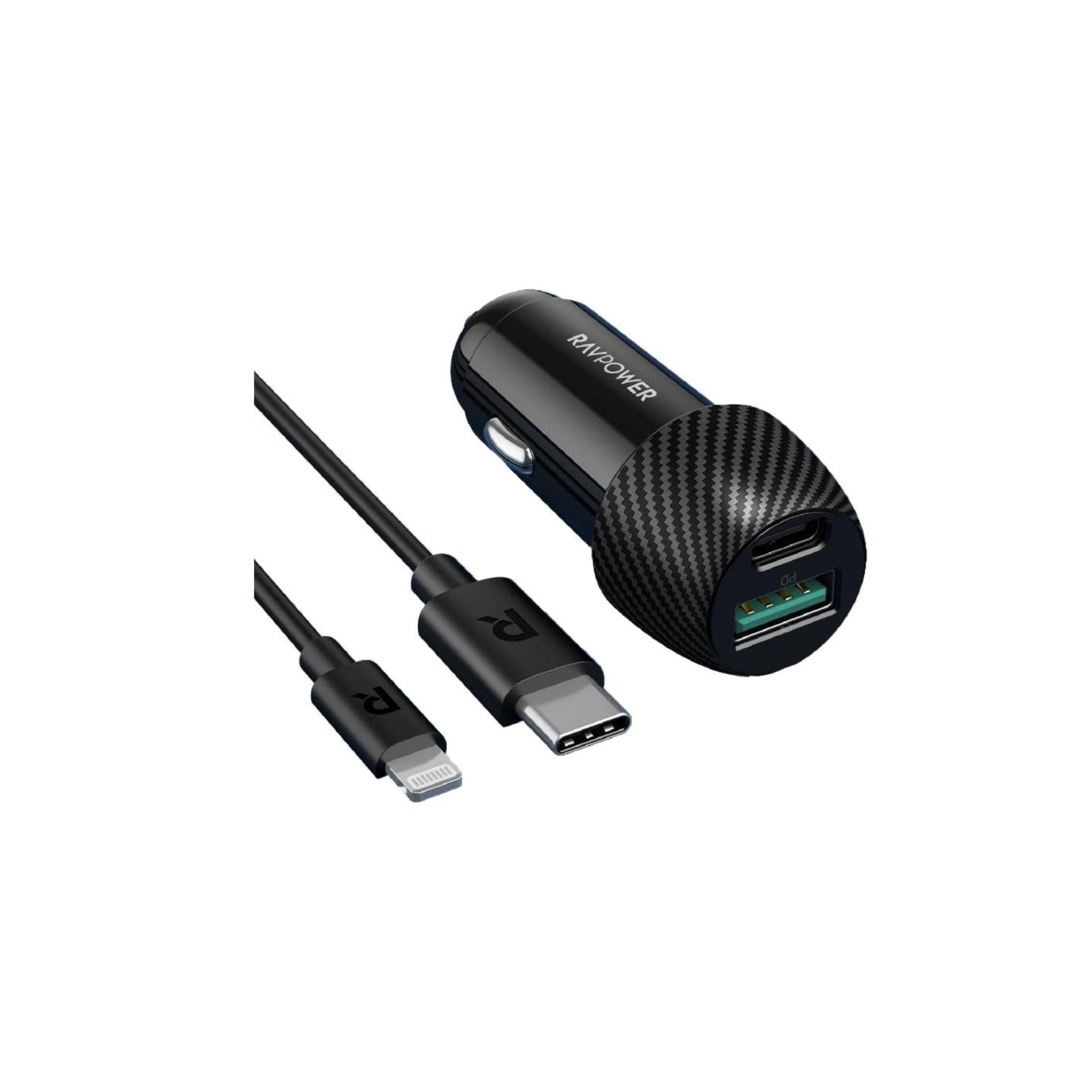 RavPower 49W 2 Port Car Charger+USB C to Lightning Cable 1m Combo - Black