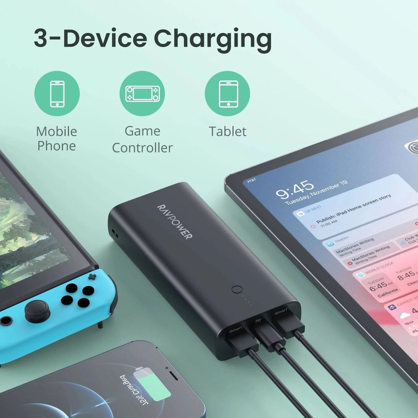 RavPower RP-PB243 10000mAh 3-Ports With Power Bank UK Plug - Black