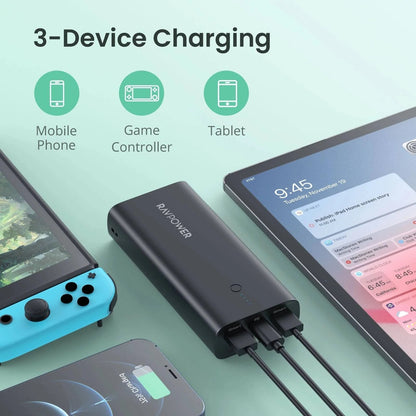 RavPower RP-PB243 10000mAh 3-Ports With Power Bank UK Plug - Black