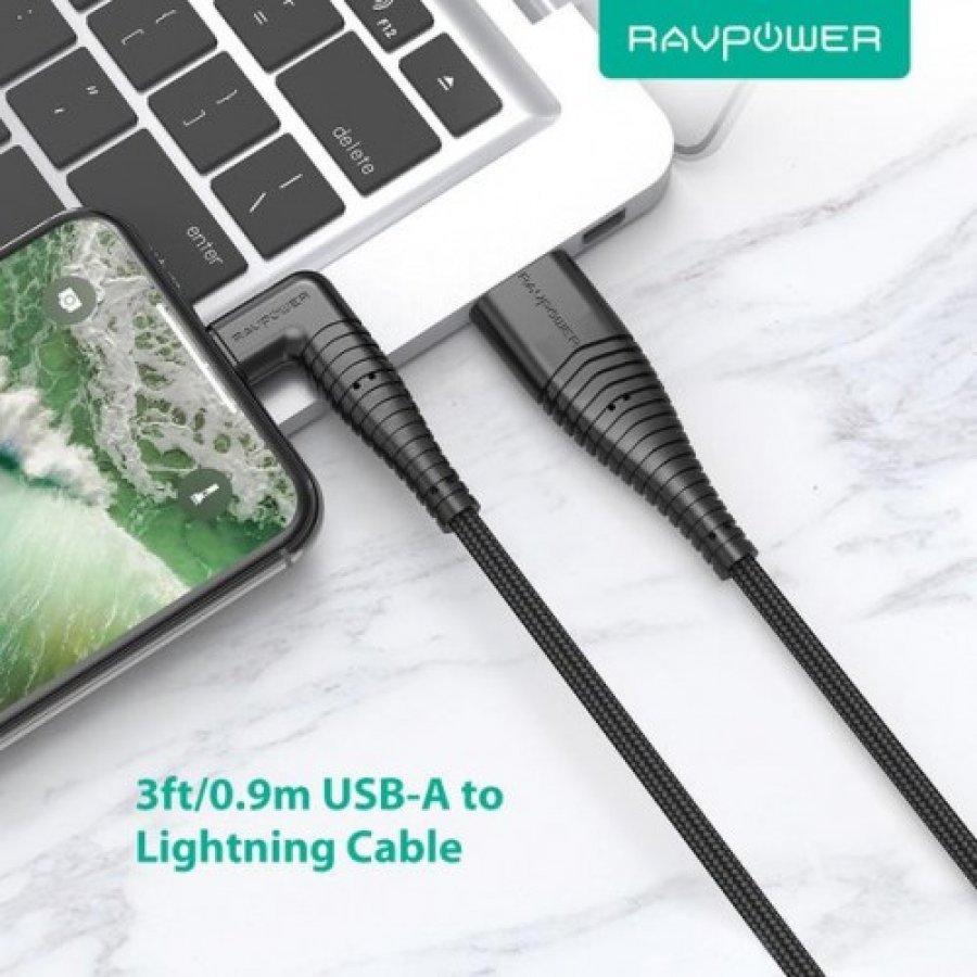 Ravpower Lightning Cable Nylon Yarn Braided 90° Connector 3ft 0.9m - black