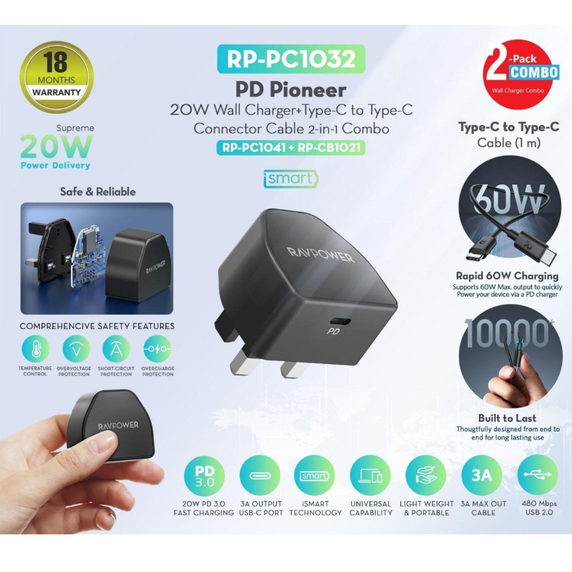 Ravpower PD Pioneer 20W Wall Charger+ USB-C to USB-C Cable 1 M- Black 