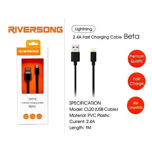 Riversong Beta 2.4A Fast Charging Lightning Cable 1M CL20 - Black