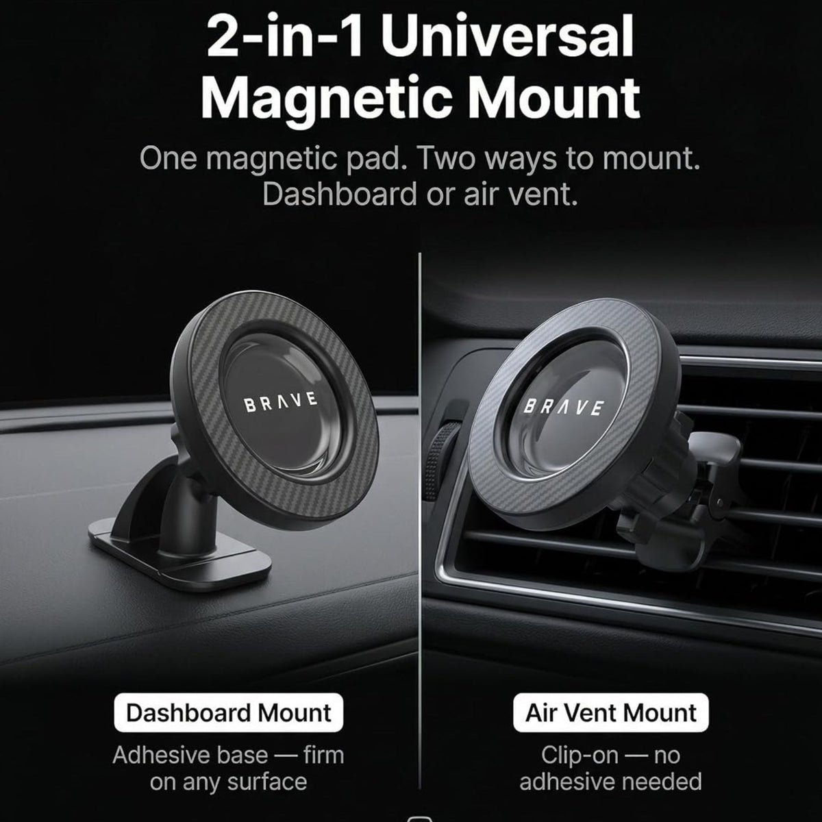 BRAVE 2-in-1 Universal Magnetic Car Mount BHL-61 - Black