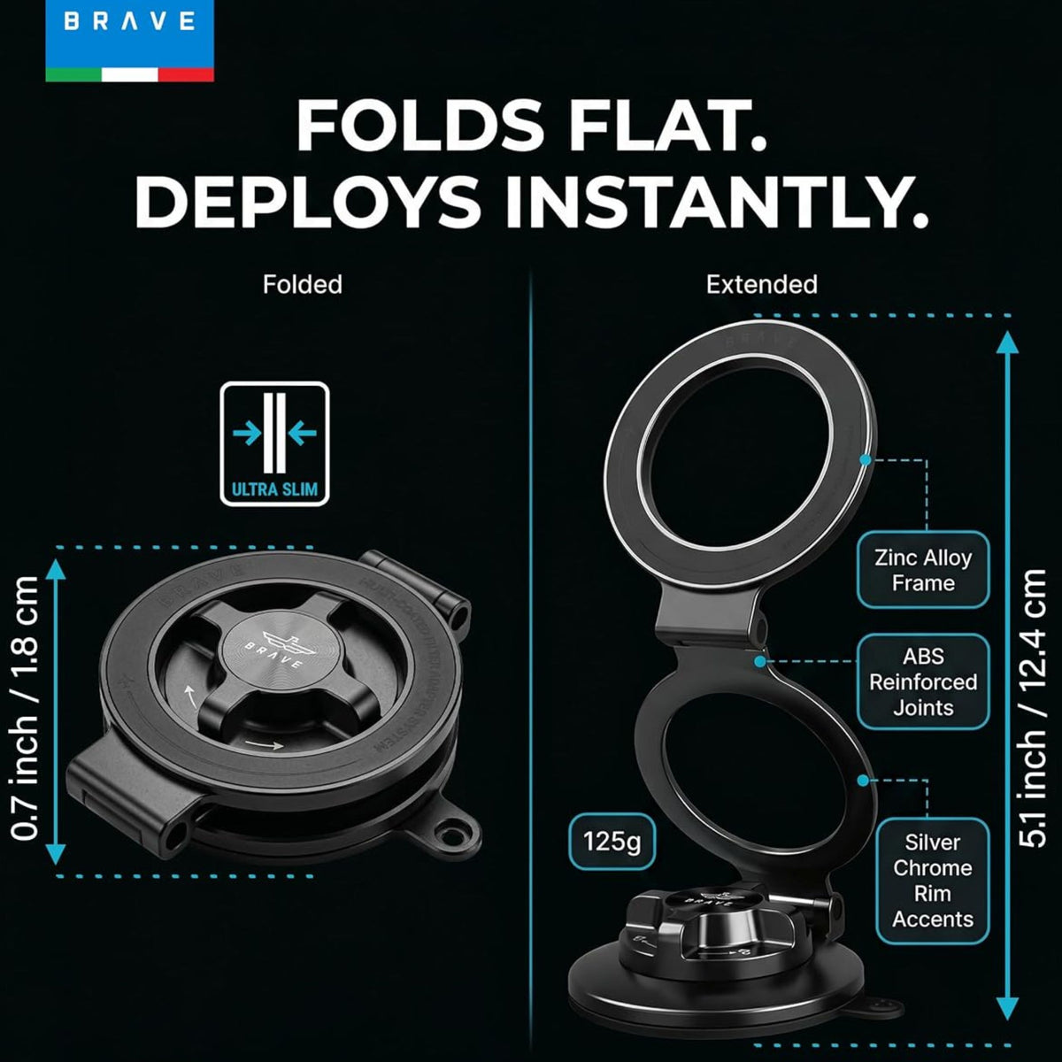 BRAVE Vacuum Section Foldable Magnetic Car Mount BHL-62 - Black