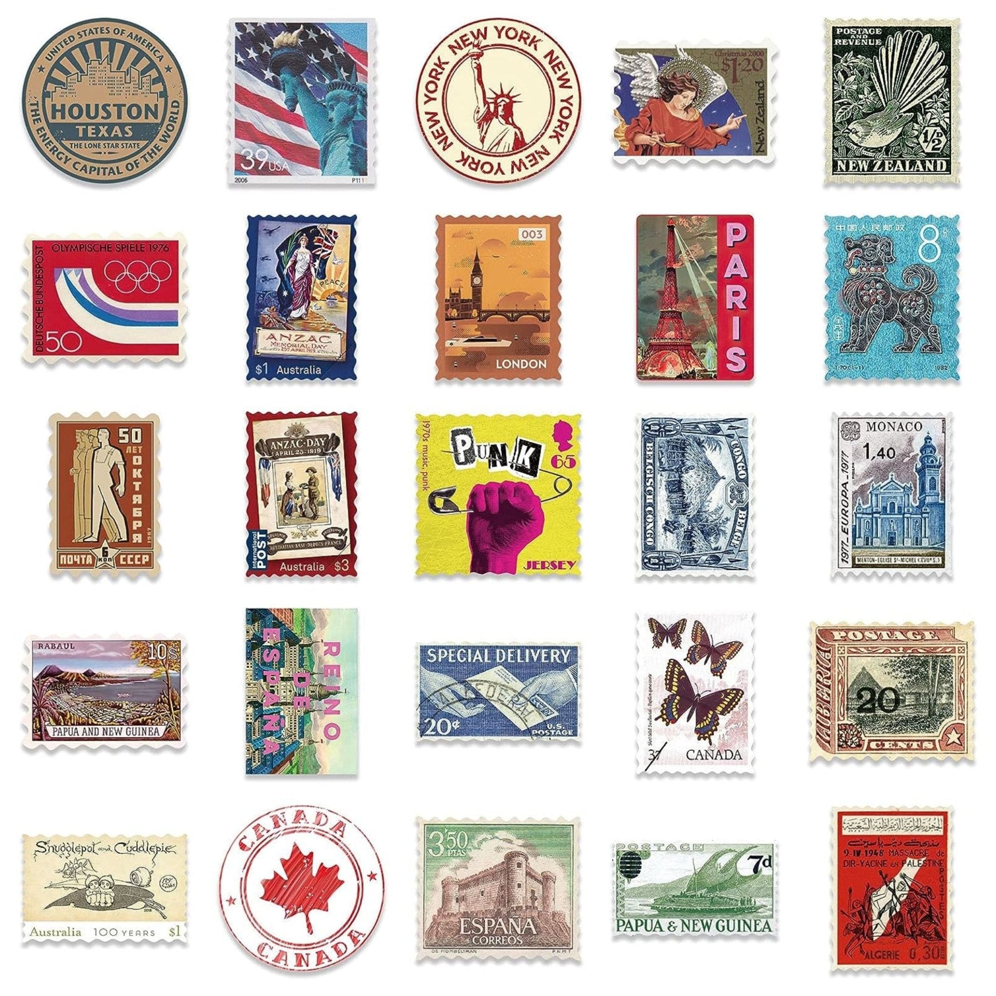 Sticker Vintage Postage Stamp -50pc