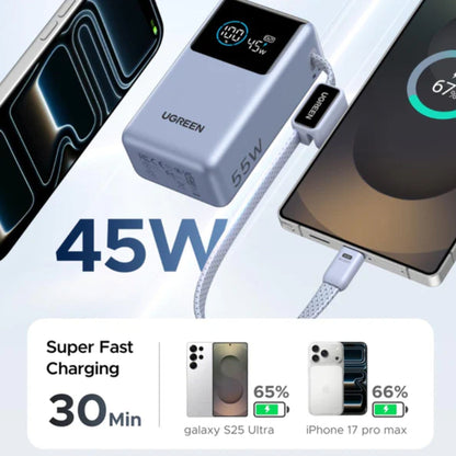 UGREEN 10000mAh 55W Nexode Pro Smart Digital Display Mini Power Bank with Build-in Type-C Cable – Gray
