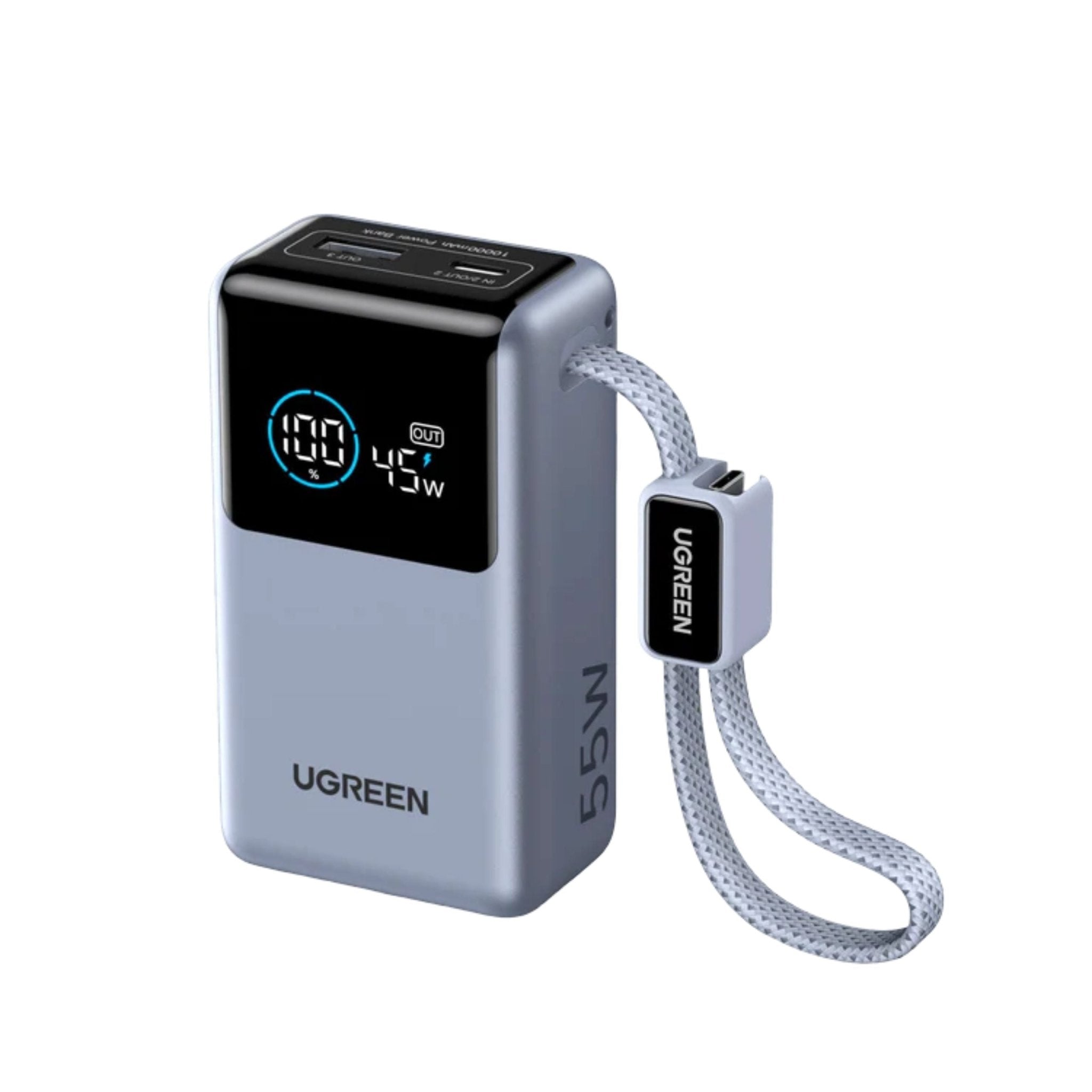 UGREEN 10000mAh 55W Nexode Pro Smart Digital Display Mini Power Bank with Build-in Type-C Cable – Gray