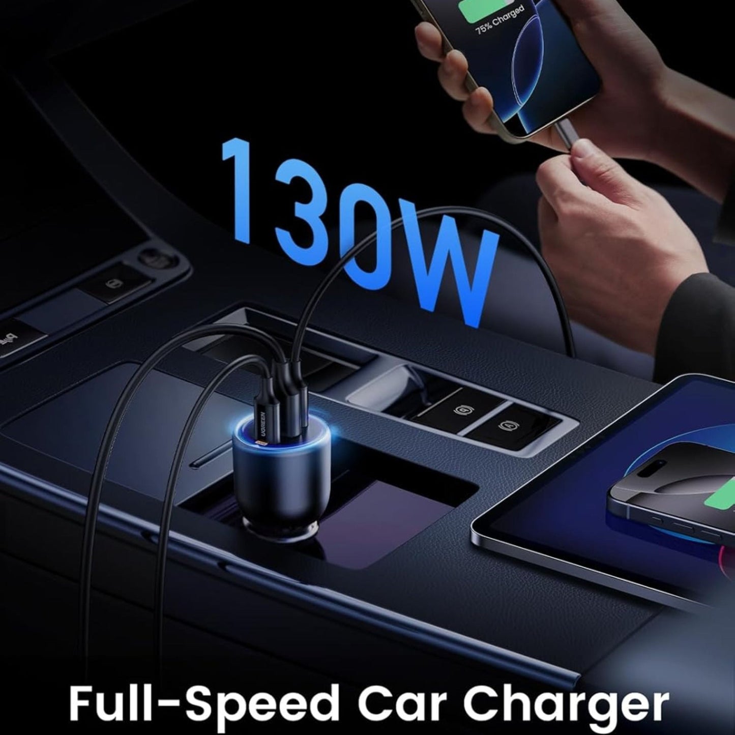 UGREEN 130W 3-Port Fast Car Charger with 100W Cable - Black